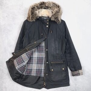 Barbour Jacket Womens 4 Black Waxed Fur Hood Parka Tartan Plaid Lined Kelsall